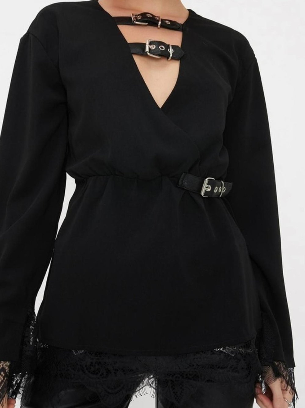 Disturbia Black MODIFIED No-Buckle V-Neck Long Sleeve Blouse With Lace